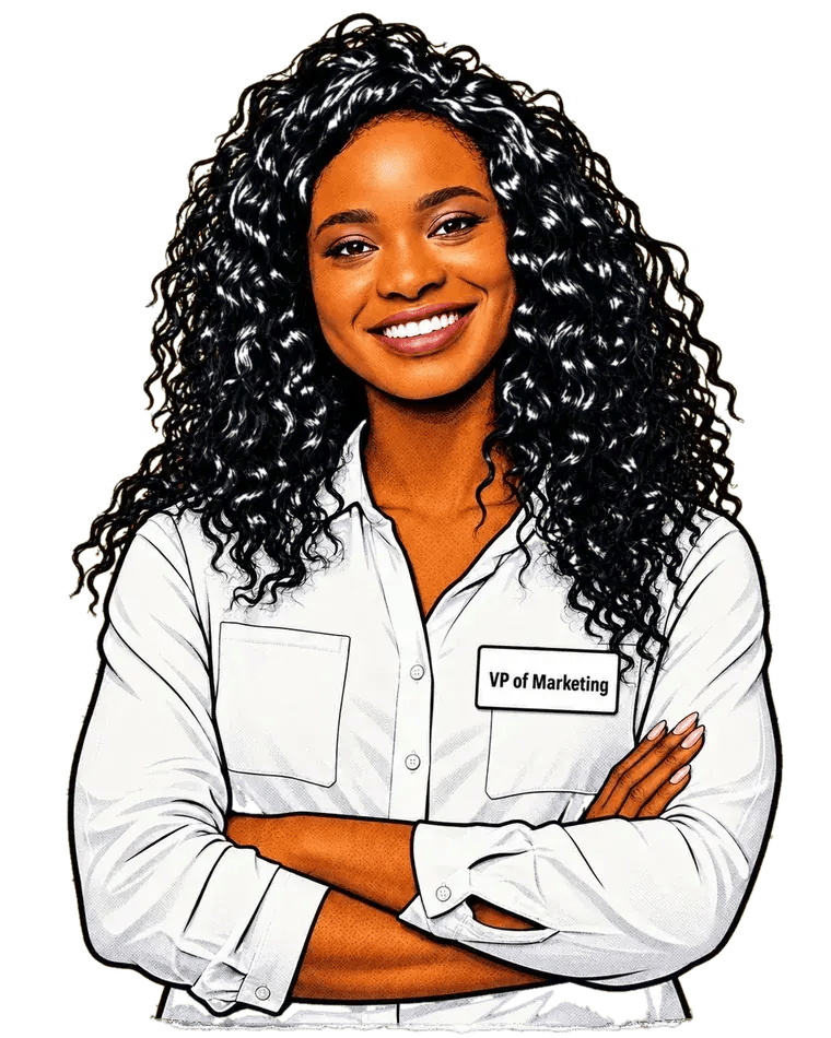 A VP of Marketing, drawn pop-art style, with SlateCX buyer signals around her